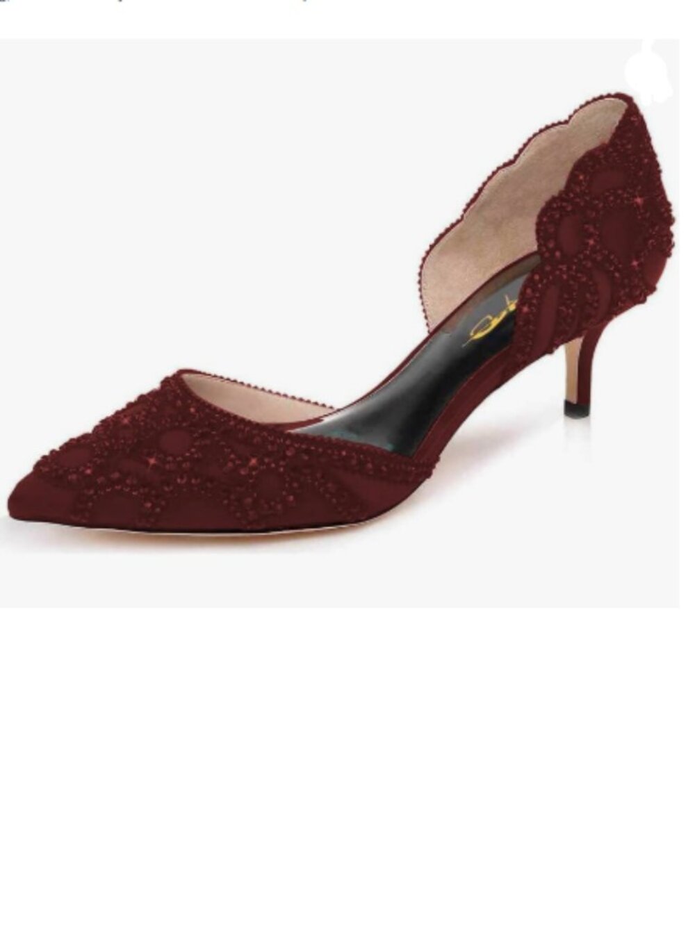 XYD Burgundy Pump Pointed Toe, D'Orsay Kitten Low Heels, Rhinestone Shoes